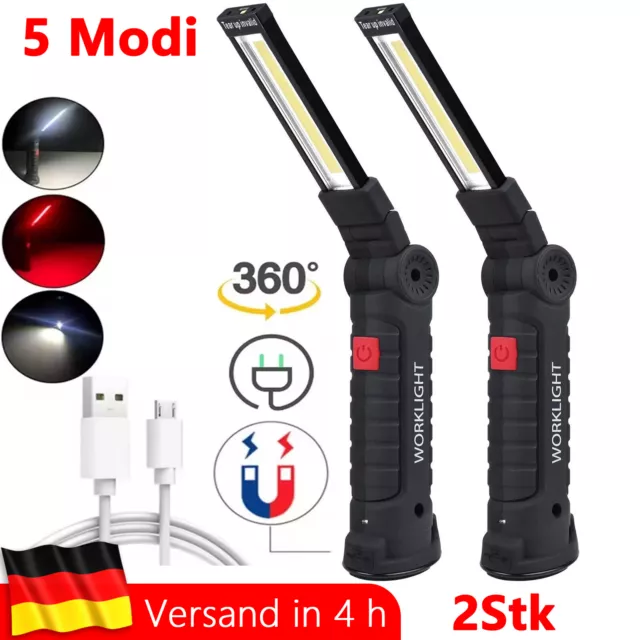 2x Magnet LED COB KFZ Arbeitsleuchte Akku Werkstattlampe Taschenlampe Handlampe