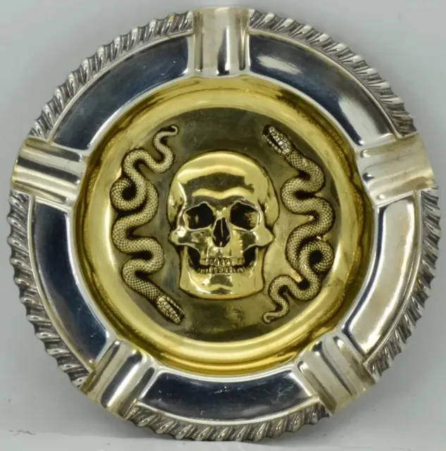 Antique English Ash Tray Sterling Silver Skull Snake Masonic Doctor Memento Mori