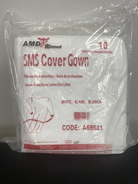 Medium AMD Cover/Isolation Gown A69981 White, Full Back 100 Gowns. Full Case