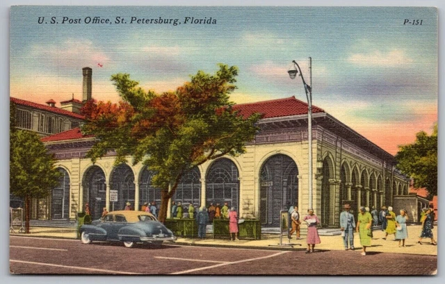 US Post Office Saint Petersburg Florida Street View Old Car Government Postcard