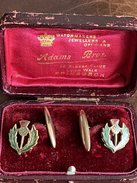 Vintage Gold Tone And Coloured Enamel Thistle Cuff Links + Antique Box