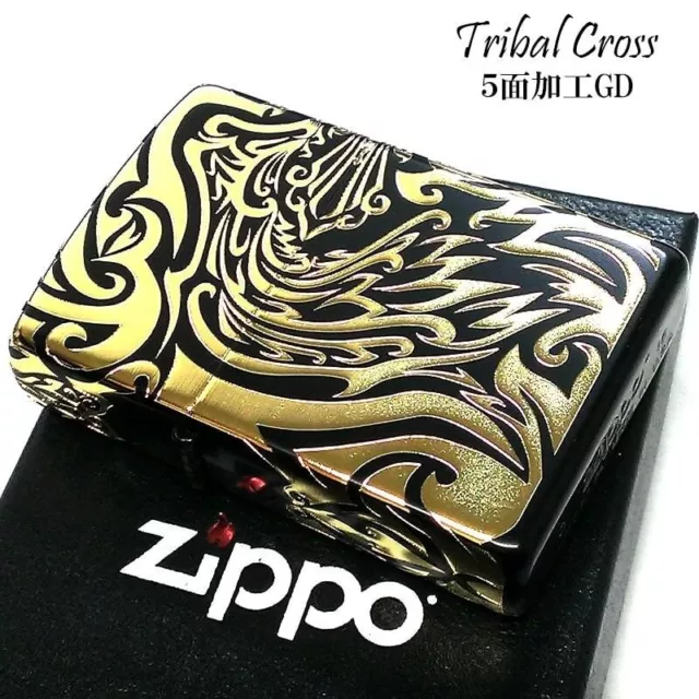 Zippo Oil Lighter Tribal Cross Black Gold 5 Sided Processing Brass Etching Japan