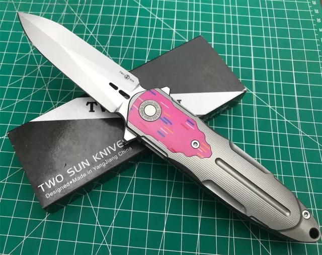 Twosun Dagger Folding Knife Titanium Handle 14C28N Edge Ts514-Sand