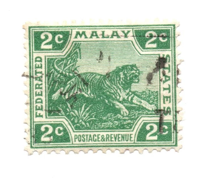 Malaysia 1922-1934 Tiger 2c Green Federated States Used Stamp SG: 55 (a2)