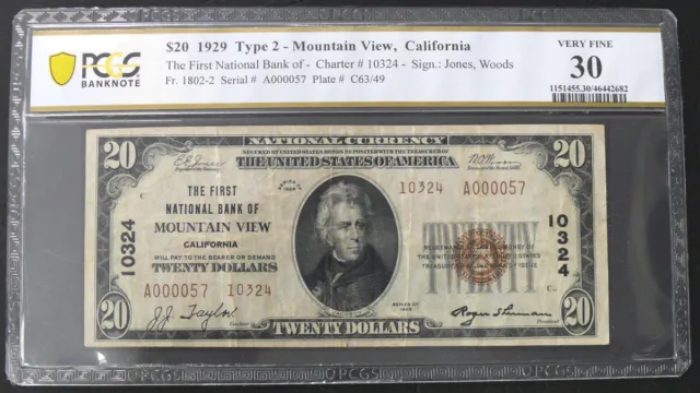The First National Bank Mountain View, Ca $20 - Vf-30 - Rare Type 2 Low Serial#