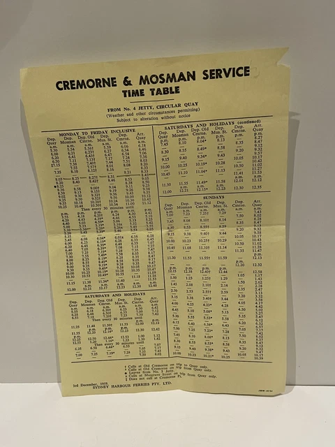 SYDNEY HARBOUR FERRIES Zoo Ferry Timetable Cremorne & Mosman Service