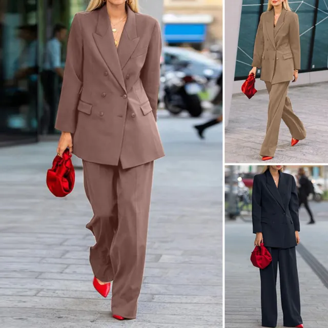 Womens Blazer Suit Co-ord Ladies Formal Work Jacket Coat Wide Leg Trousers Set