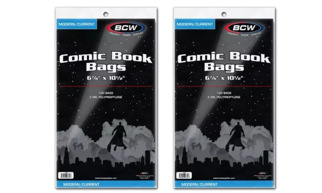 200 Bcw Modern/Current Comic Book Bags 6 7/8" X 10 1/2" (2 Packs)