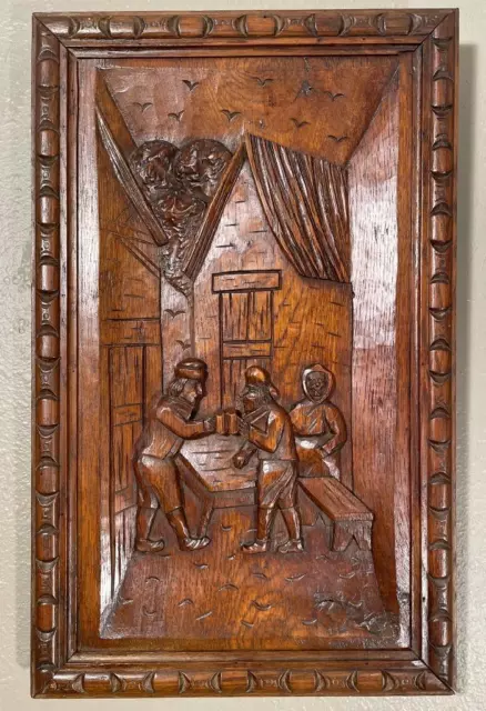 Hand Carved Belgian Antique Oak Wood Panel with Bar/Drinking Scene