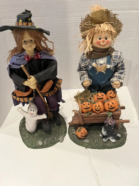 Pair Of Halloween Fabric Mache Scarecrow & Witch. 13” Tall