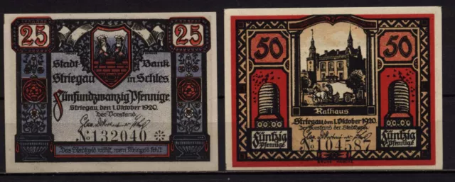 [16746]  - 2 x Notgeld STRIEGAU (heute: Strzegom), Stadt-Bank, 25 + 50 Pf, 01.