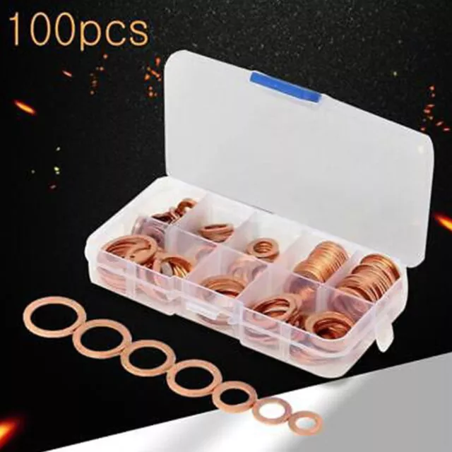 100 PCS/set Copper Crush Washer Gasket Set Flat Ring Seal Assortment-Kit M4-M14