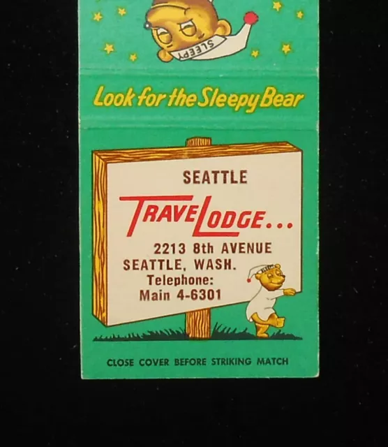 1950s TraveLodge Motel 2213 8th Avenue Sleepy Bear Seattle WA Matchbook