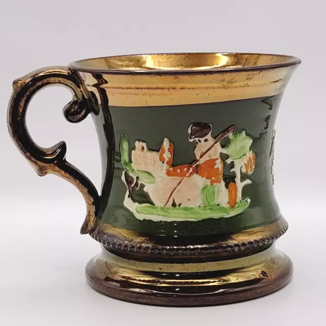 1860s Copper Lustre Mug Green Band C Scroll Shepherd Maybe Staffordshire Chipped