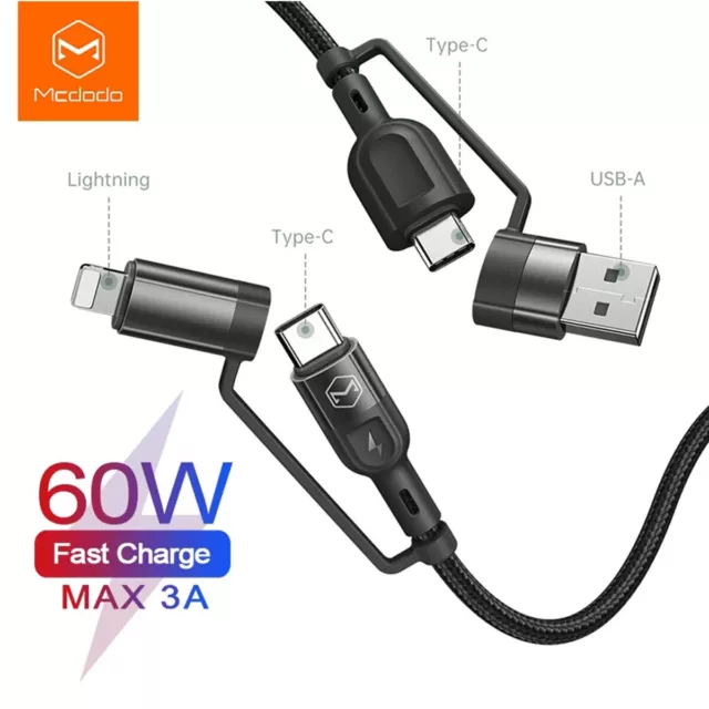 4 in 1 Multi USB Charger 60W PD Fast Charging Cable Data Cord for iPhone Type-C