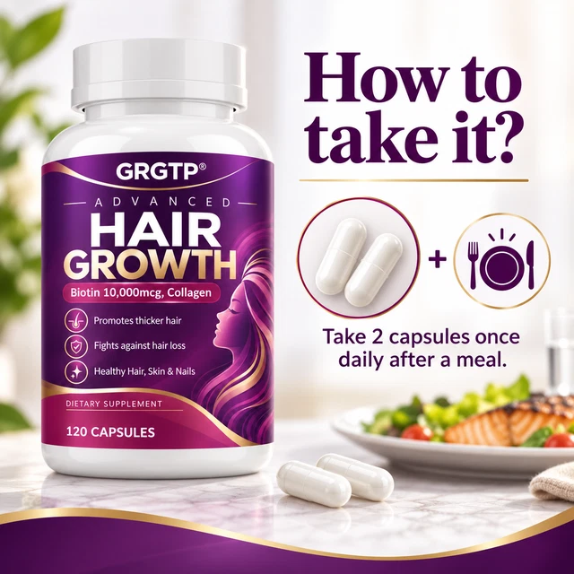 ADVANCED HAIR GROWTH Capsules -with Biotin 10000mcg Collagen Skin Nails ...