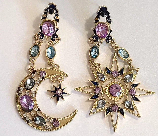 MODERN ESTATE LARGE COSMIC SUN MOON STARS Jewel Cabochon Astrology Earrings