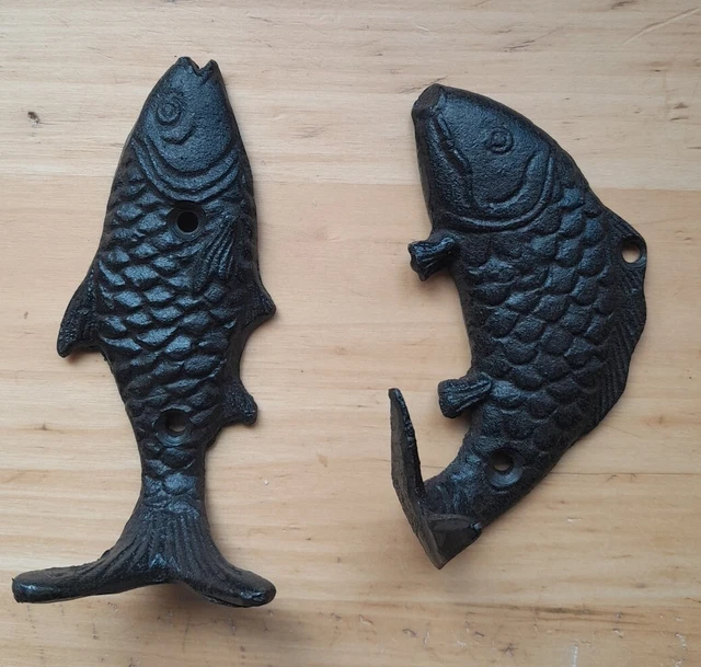 2 Fish Wall Hook Coat Hat Towel Beach Koi Hooks 4 3/4" Rustic Cast Iron Bath