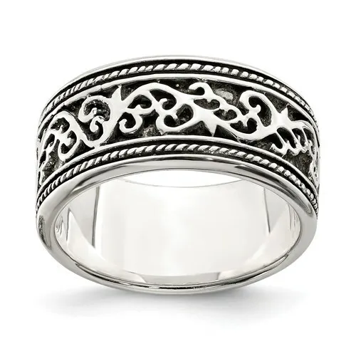 Antiqued Finish Solid Sterling Silver Scroll Design Ring Band  Size 6