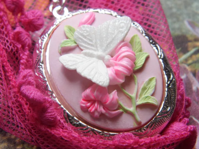 MOM SILVER PINK PHOTO BUTTERFLY Cameo Necklace Locket PILL BOX  BIRTHDAY  GIFT
