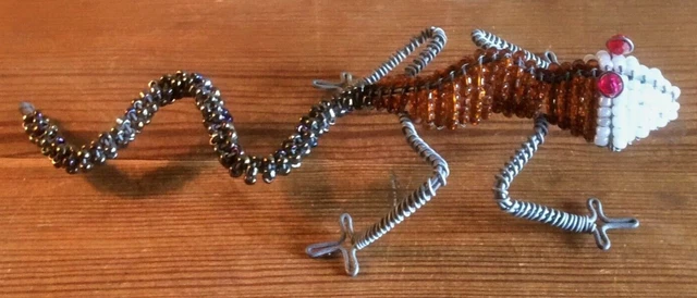 Wired Beaded Gecko Lizard Orange and White Animal Sculpture