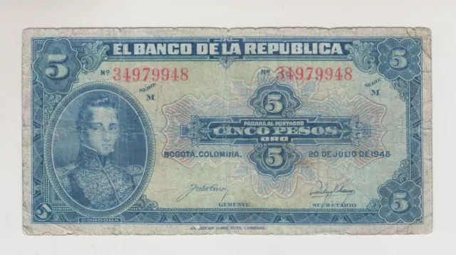 Colombia 5 pesos July 20 of 1946 Pk386c