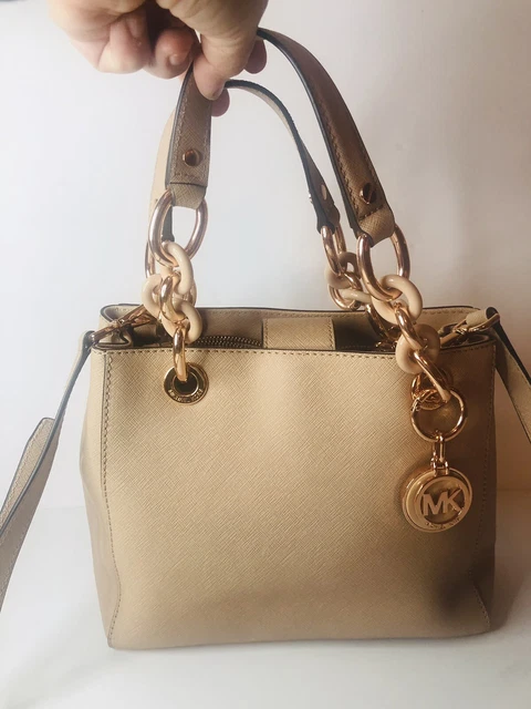 MICHAEL KORS CYNTHIA SAFFIANO LEATHER SATCHEL TOTE BAG Tan And Pink