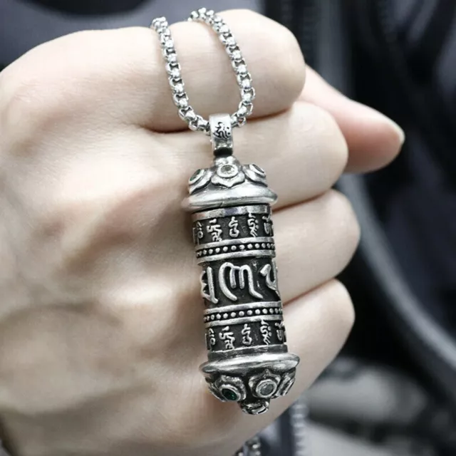 Vintage Tibetan Buddhist Urn Ashes Pendant Necklace Mens Stainless Steel Amulet