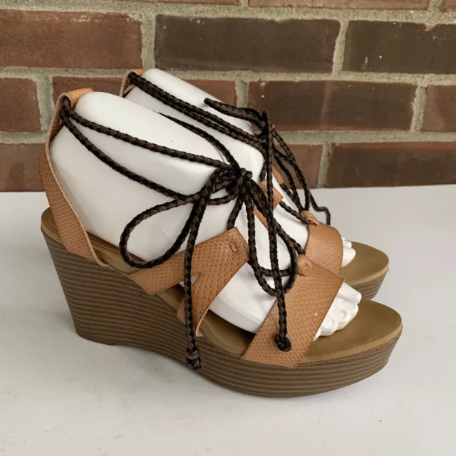 Grove tan Leather lace up platform wedge sandals Size US 8