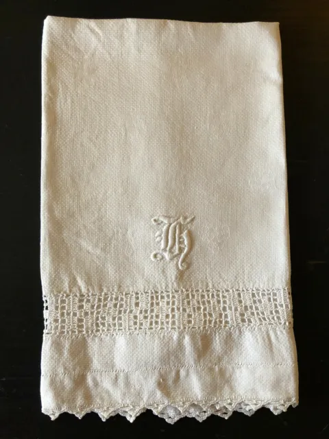 Vintage Antique Embroidered Tea Guest Towel Monogrammed H Crocheted Lace 15 x 24