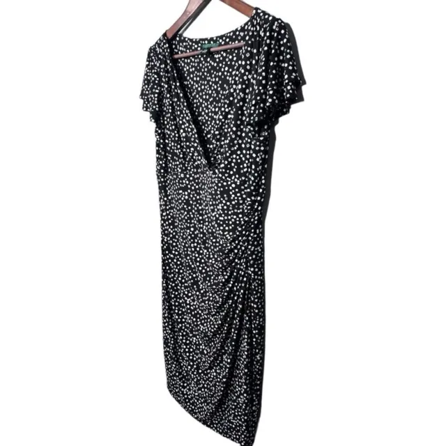 Lauren Ralph Lauren Black White Square Polka Dot Faux Wrap Midi Dress Size 14