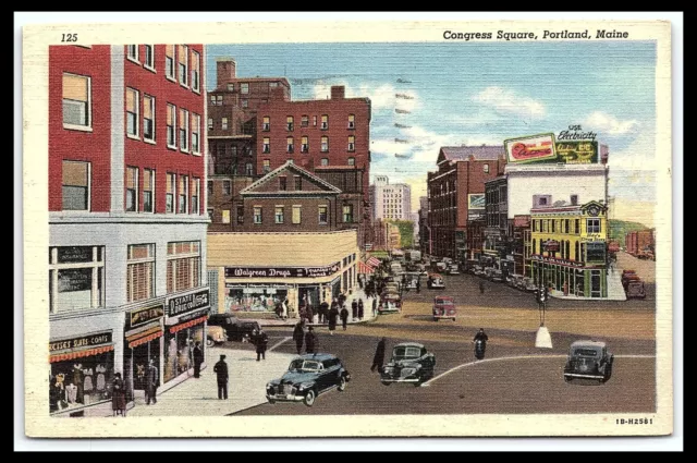 Portland Maine Congress Square Street View Linen Postcard Posted 1946      pc178