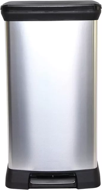 Curver Metal Effect Pedal Touch Slim Deco Kitchen Work Waste Bin 50L - Silver