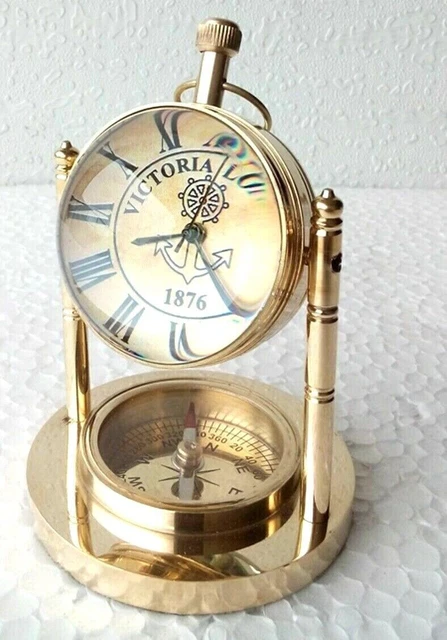 Antico Orologio in Ottone con Bussola Nautico Antico Orologio da Tavolo...