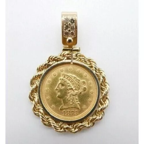 Liberty Head Quarter Eagle Coin With Rope Bezel Pendant 14k Yellow Gold Plated