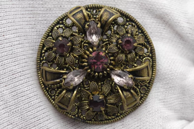 Vintage Round Brooch Pin Purple Clear Rhinestones Yellow Metal 1970s USSR Czech 3