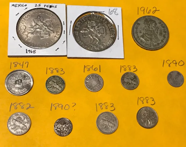 Lot Of Old 1800’s Mexican Silver Coins 1847 1968 Olympic Mexico