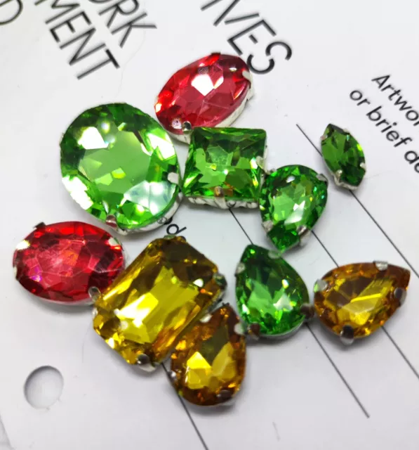 10 Green Yellow Pink Mixed Set Sew On Crystals Glass Silver Claw Rhinestones