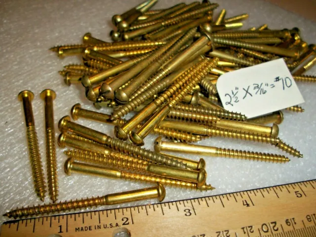 22 - 2 1/2" Long X #10, Vintage  N.o.s. Brass Wood Screws W/ Round Slotted Heads