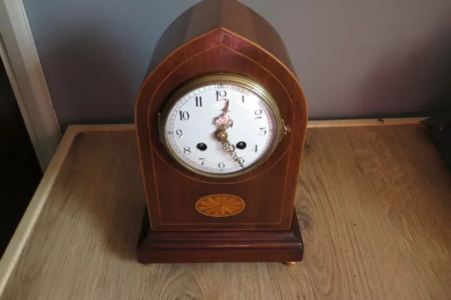  French Belle Epoque Mahogany Inlaid Lancet Mantel Clock, Fritz Marti c1906