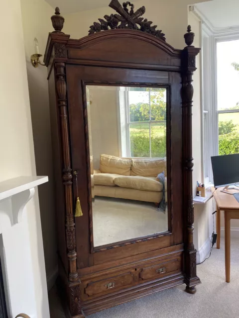 French Antique Mirrored Door Armoire / Wardrobe with two bottom drawers.