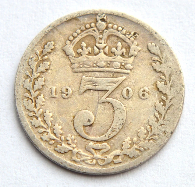 Great Britain Uk 3 Pence 1906 Old Silver Coin