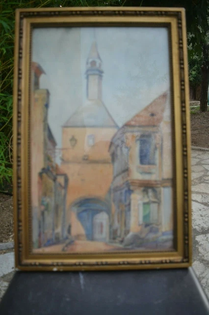 RARE JOLI ANCIEN tableau aquarelle signé. Bourbon Lancy en Saône et ...