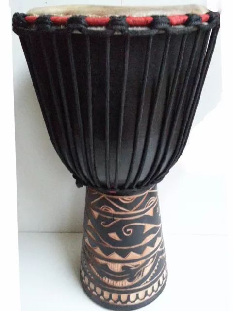 Pro Quality Mahogany Wood Bongo Djembe Drum Tribal Carved Black 50Cm 9-9.5" Head