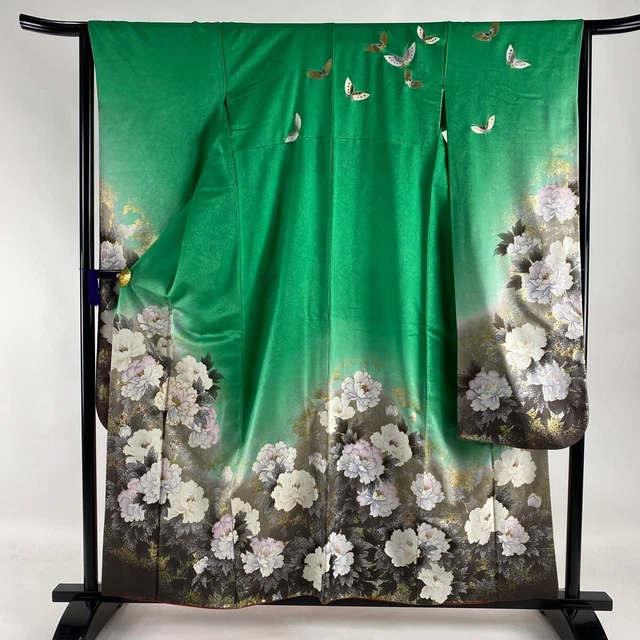 Japanese Silk Kimono Robe Vintage Furisode Long Sleeves Green Gold Silver Thread