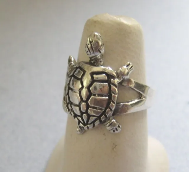 Mexican 925 Sterling Silver Taxco Shiny Oxidized Cute TURTLE Solid Ring Size 8