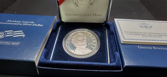 2009 P Abraham Lincoln Bicentennial Proof Commem 90% Silver Dollar With OGP/COA