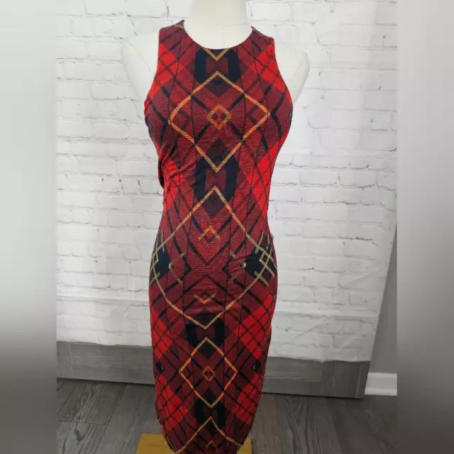 McQ Alexander McQueen Check-Print Jersey Dress | Oxblood Multi | Small | NWT