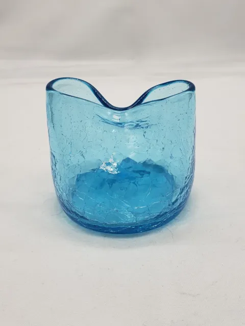 Vintage Blenko? Vase Crackle Aqua Blue Glass Pinched MCM  2.5"×2 7/8" Handblown