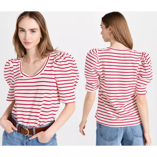 English Factory | NWT | Stripe Pleated Puff Sleeve Top | Red White | Sz L